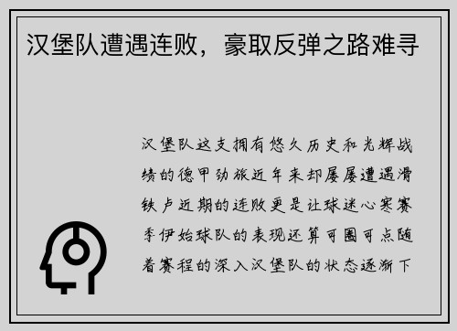 汉堡队遭遇连败，豪取反弹之路难寻